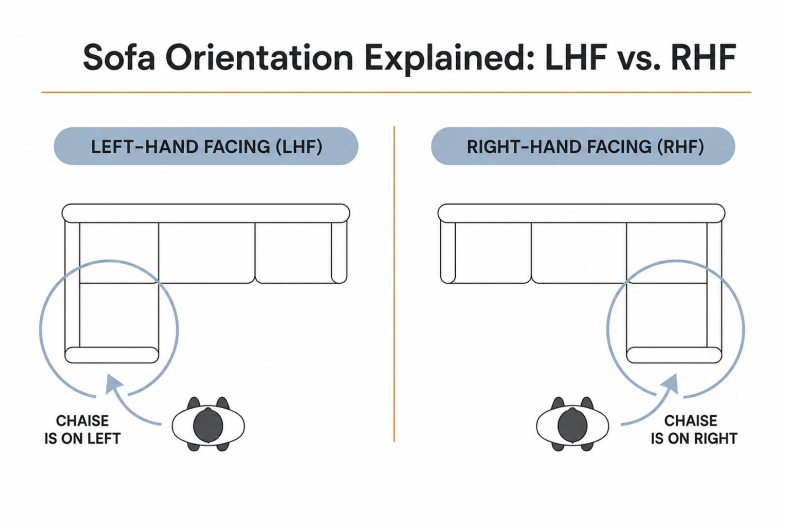 Diagram showing left-hand-facing and right-hand-facing corner sofa orientations when viewed from the front