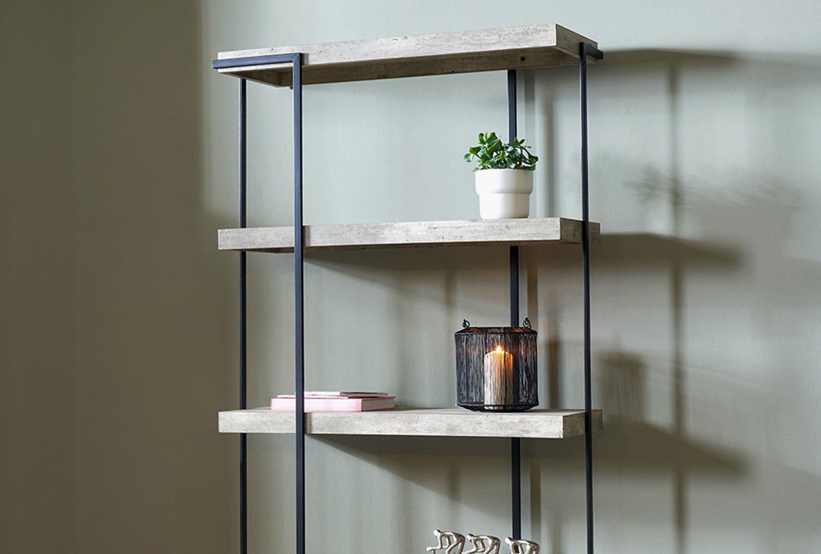 Jaxson Concrete Effect Wood & Black Iron 5 Shelf Unit Close Up