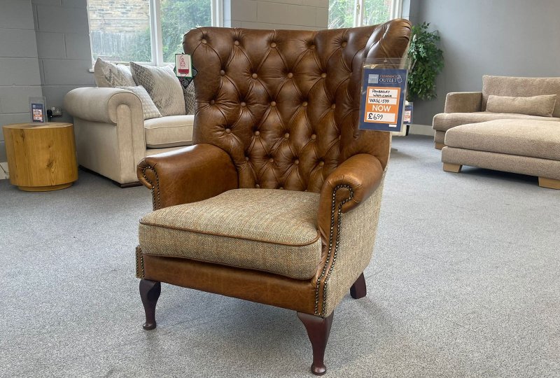 Clearance Pemberley Wing Chair -  Leather & Tweed